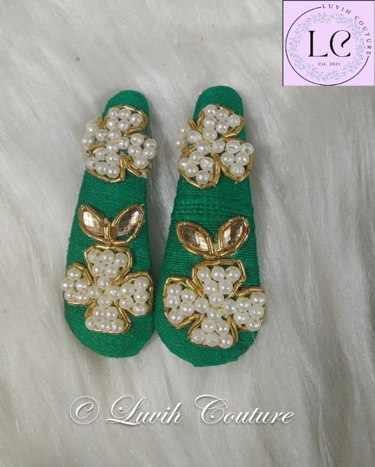 Dark Green Flower Maggam Hair Clips or Raw Silk Hair Clips for Babies, toddlers, girls, Teens,  Women Luvih Couture