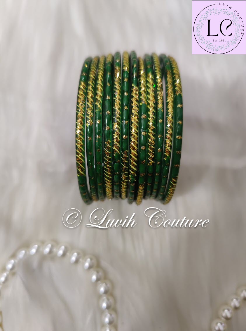 Dark Green Oval Dot And Criss Cross sparkle Glass Bangles for Girls, Teens, Women