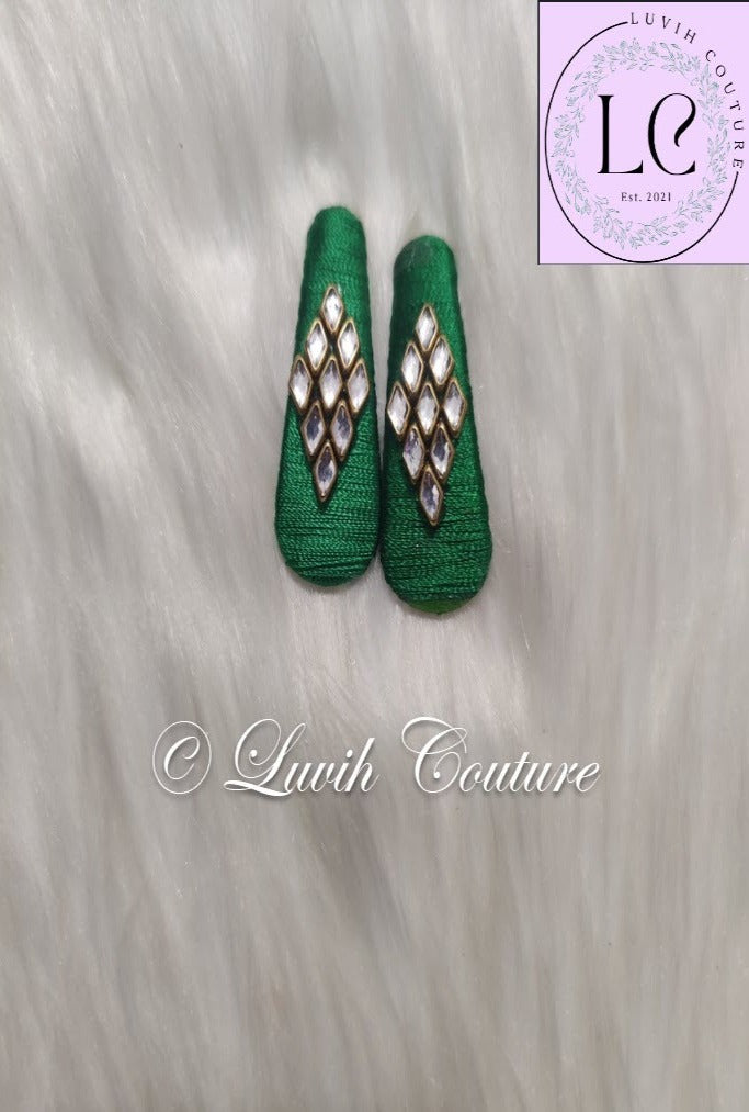 Dark Green Rhombus Silk Thread Hair Clips  for kids, Girls, Teens, Women, Luvih Couture
