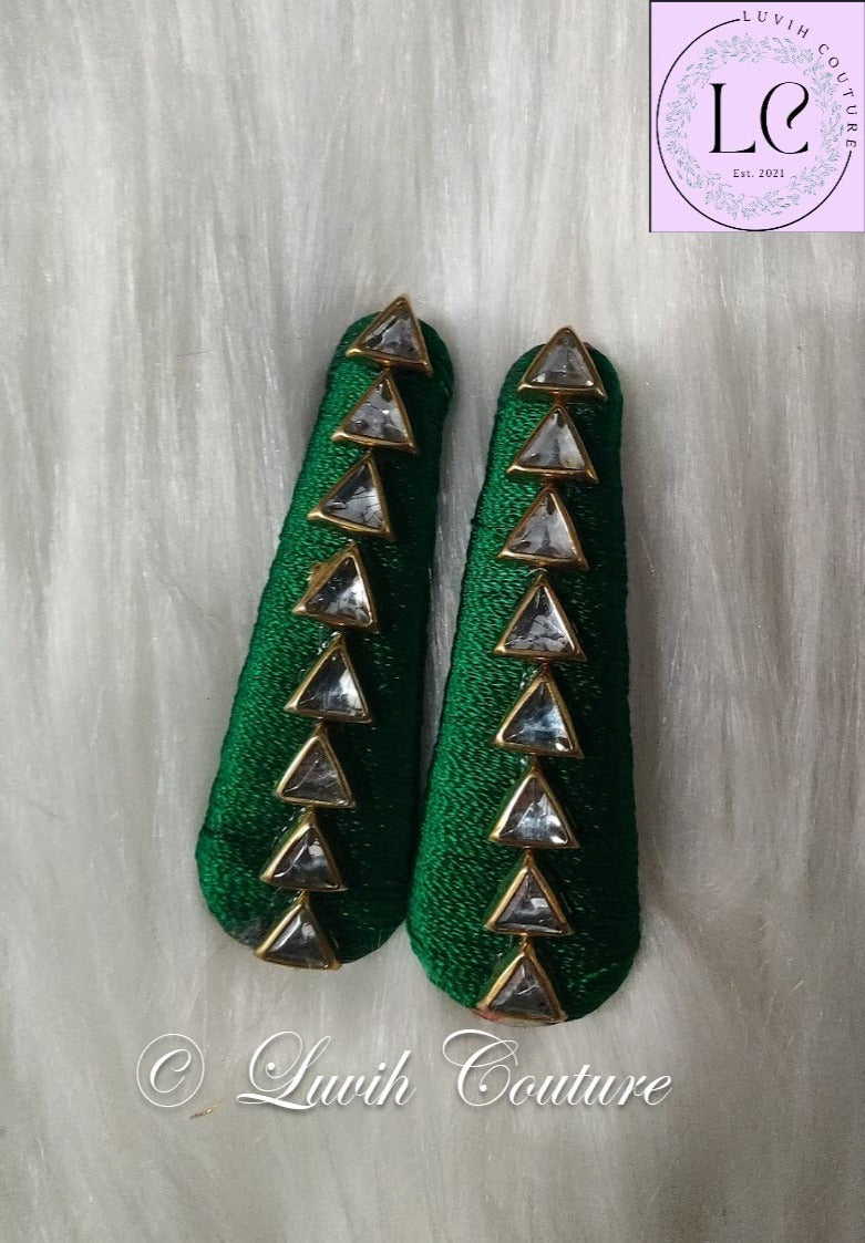 Dark Green Silk Thread Hair Clips Triangle Design for  kids, Luvih Couture