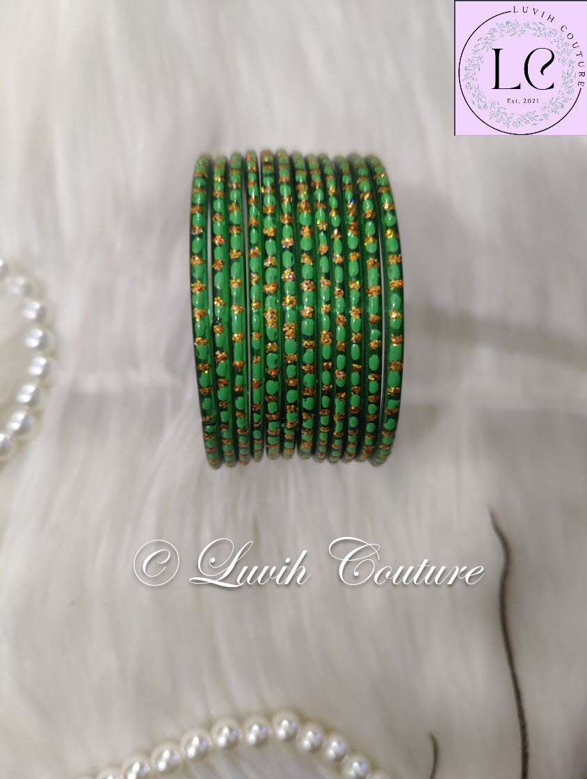 Dark Green  Oval Dot & Sparkle Glass Bangles for Girls , Teens, Women