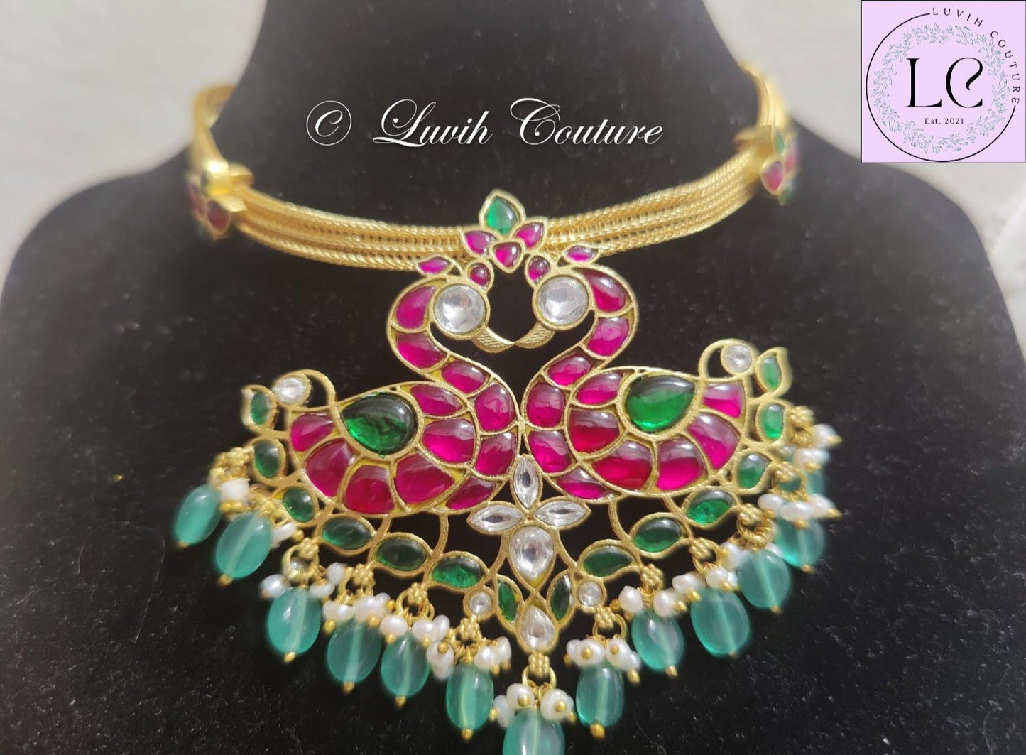 Dual Peacock Jadau Kundan Necklace or Locket Close up, Luvih Couture