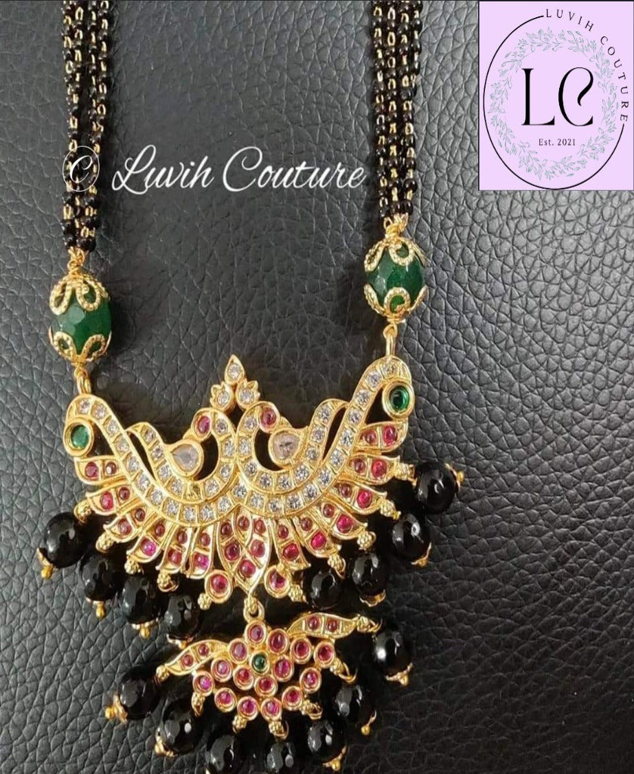 Dual Pendant Peacock Mangalsutra or Black Beads Imitation Necklace for Women, Luvih Couture