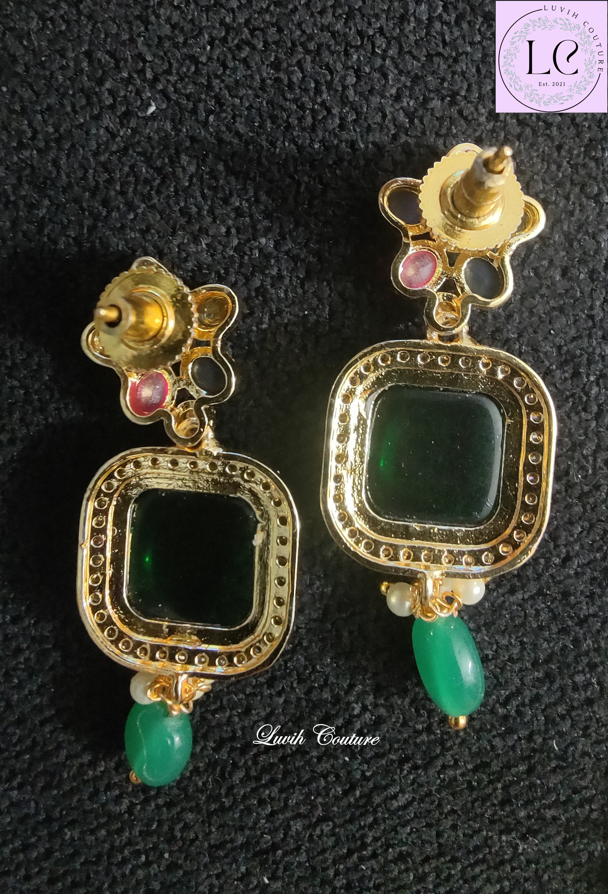 Navaratan earrings back side rice pearls mala/necklace, Luvih Couture
