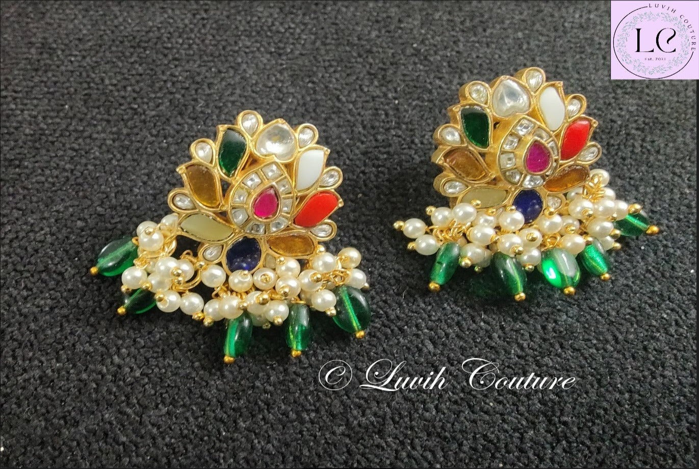 Jadau Kundan Navaratan Pendant lotus earrings, Luvih Couture