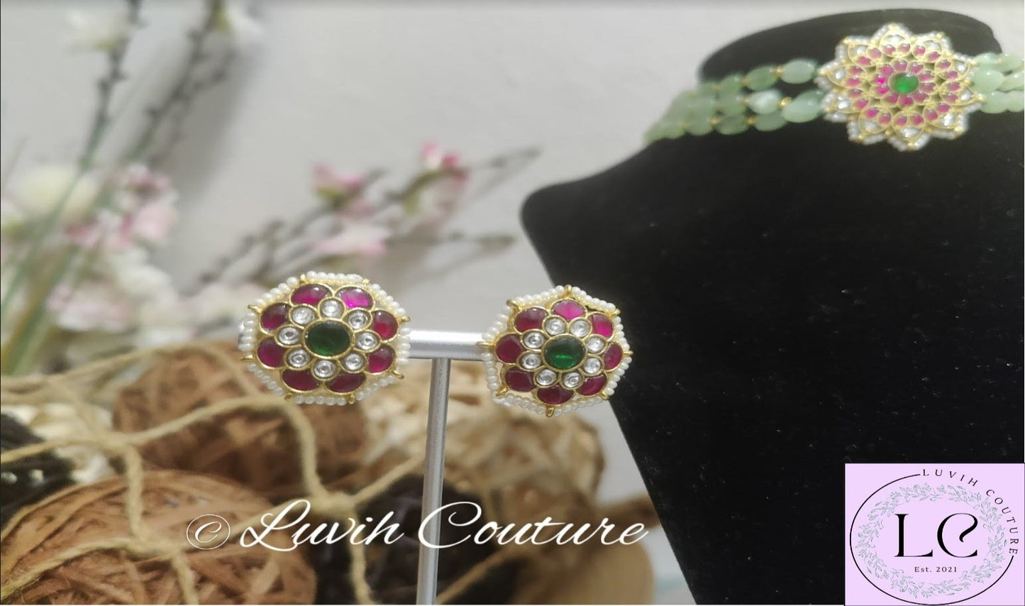 Jadau Kundan Floral Earrings , Earrings , Women Earrings, Imitation Earrings, imitation Jewelry, Luvih Couture