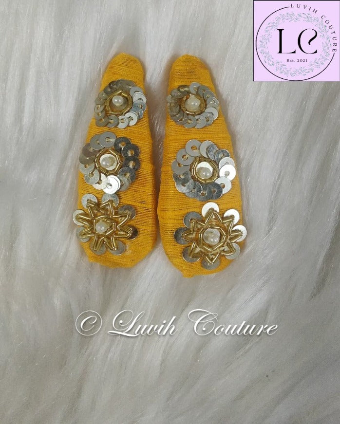 Floral Mango Yellow Maggam Hair Clips , hair pins ,hair claws , barrettes , Hair Accessories for babies, toddlers , girls, teens or women Luvih Couture