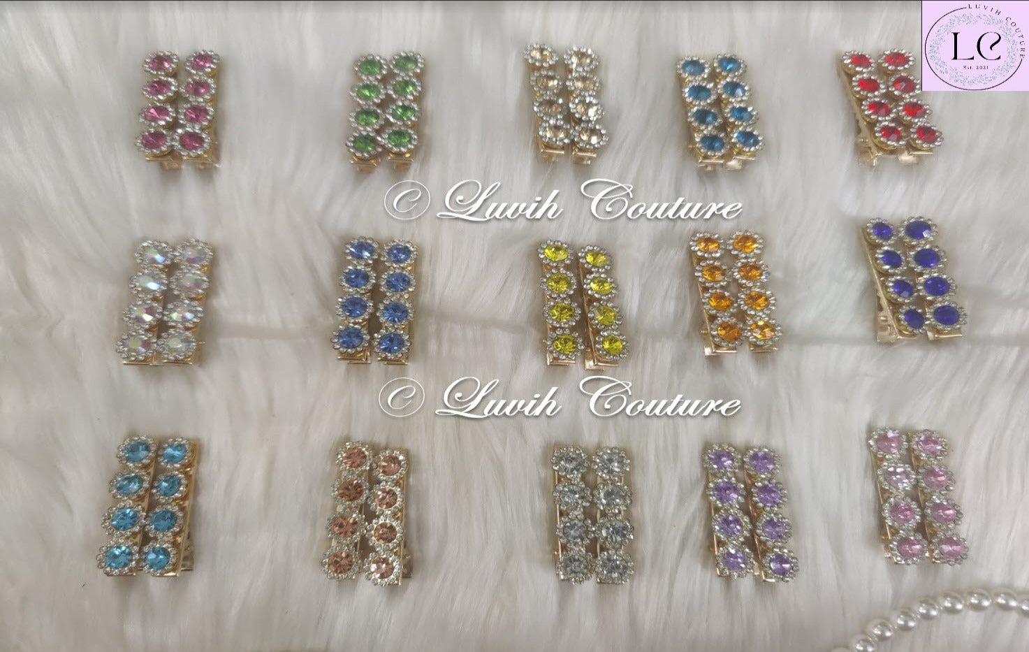 Designer flower shape alligator hair clips  all colors in rows, Luvih Couture