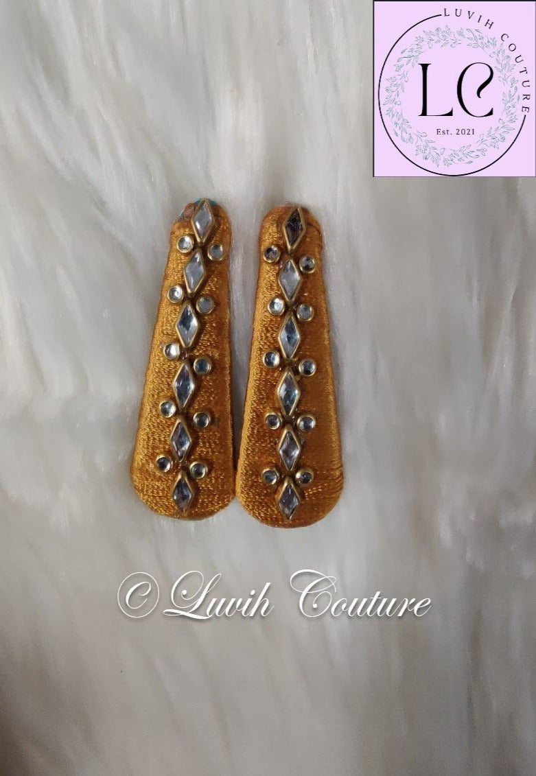 Gold Silk thread Hair Clips Rhombus and dot shape for kids, toddlers, girls, Luvih Couture