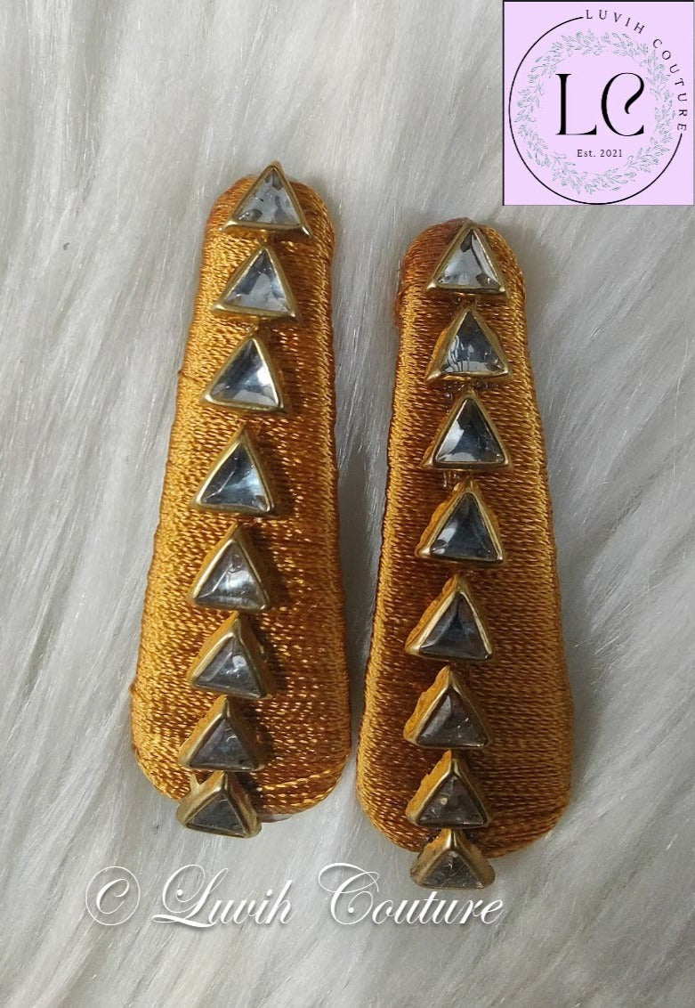 Gold Silk Thread Hair Clips Triangle Design for  kids, Luvih Couture