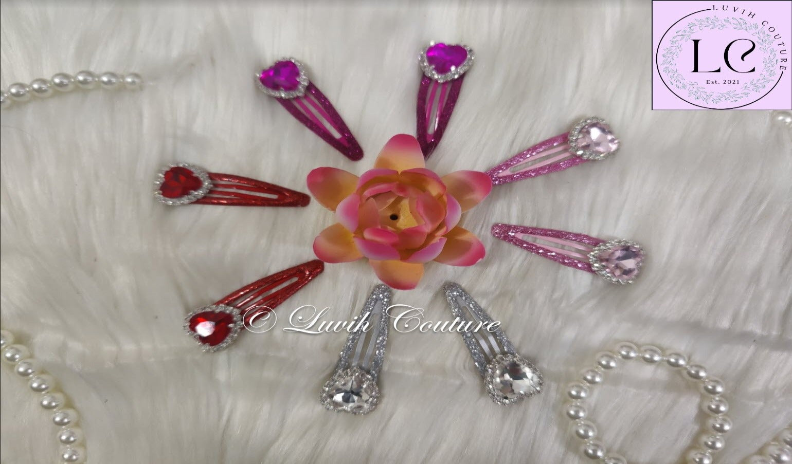 Handmade Sparkle Heart Shape Hair Clips with Crystals, Luvih Couture