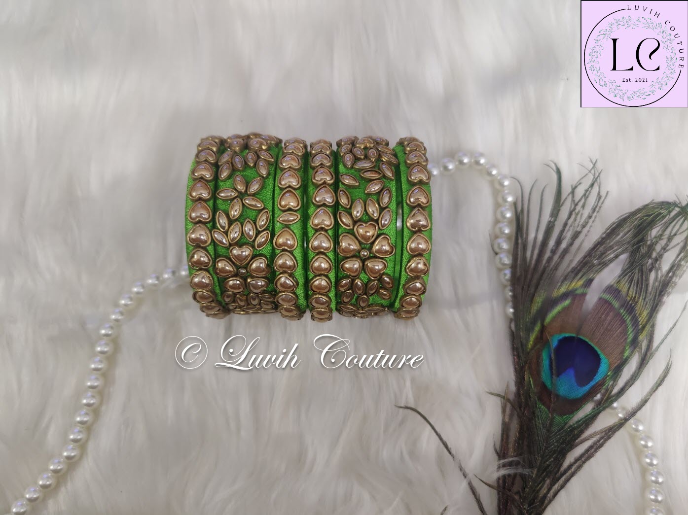 Heart Parrot Green Silk thread Bangles for Kids, Girls, Teens, Women