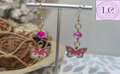 Hot Pink Butterfly Earrings for Women-Luvih Couture