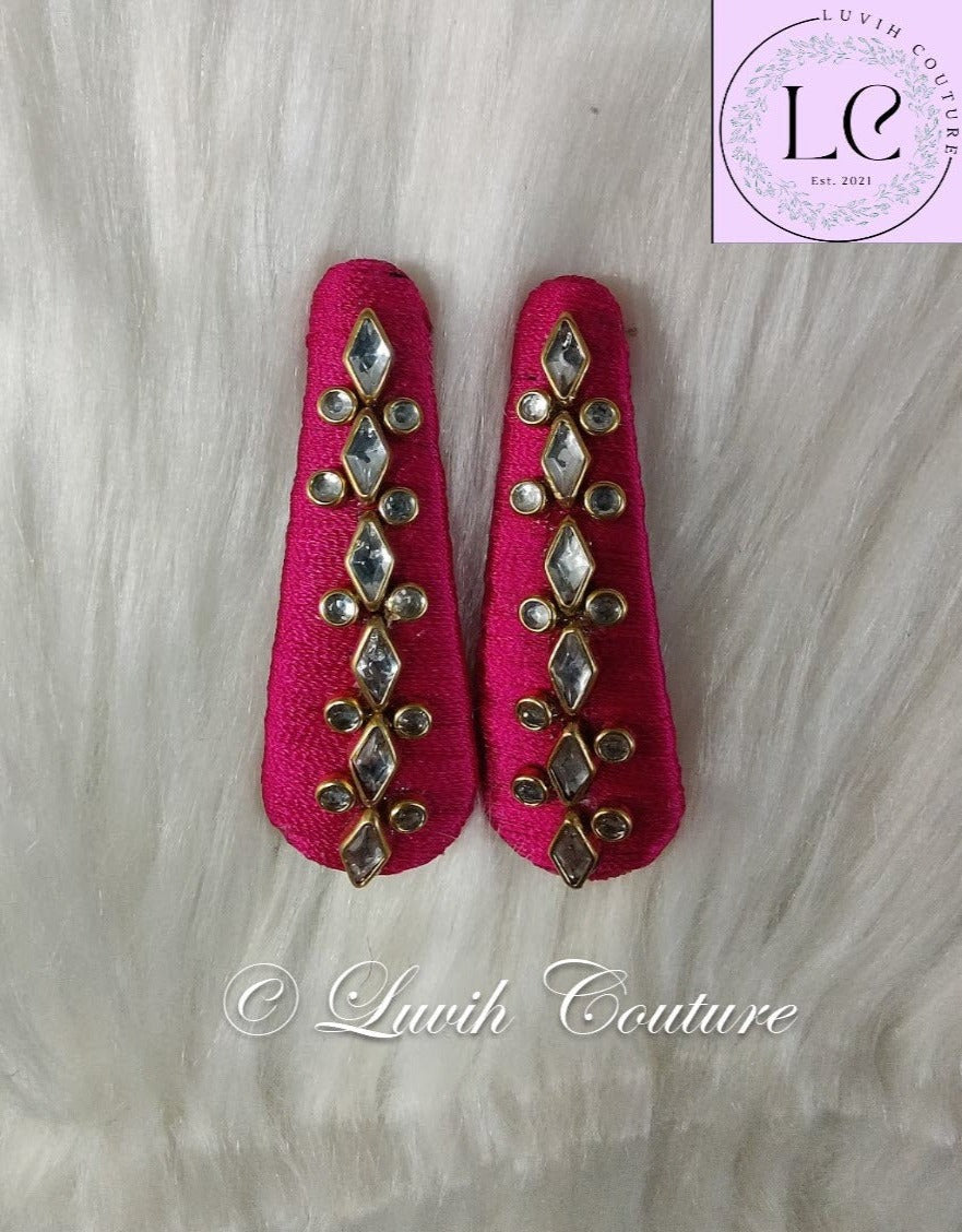 Hot Pink Silk thread Hair Clips Rhombus and dot shape for kids, toddlers, girls, Luvih Couture