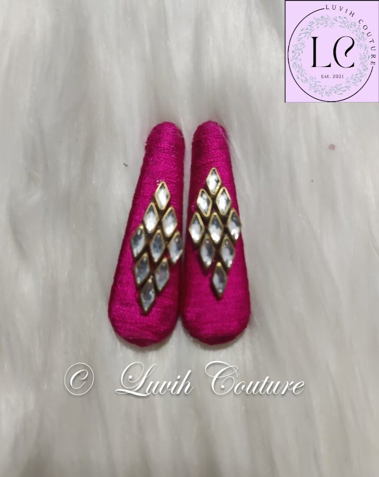Hot Pink Rhombus Silk Thread Hair Clips  for kids, Girls, Teens, Women, Luvih Couture