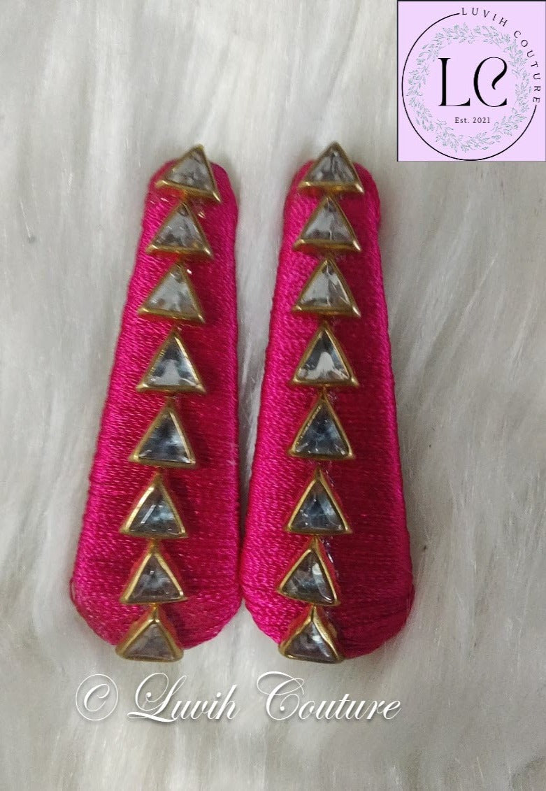 Hot Pink Silk Thread Hair Clips Triangle Design for  kids, Luvih Couture