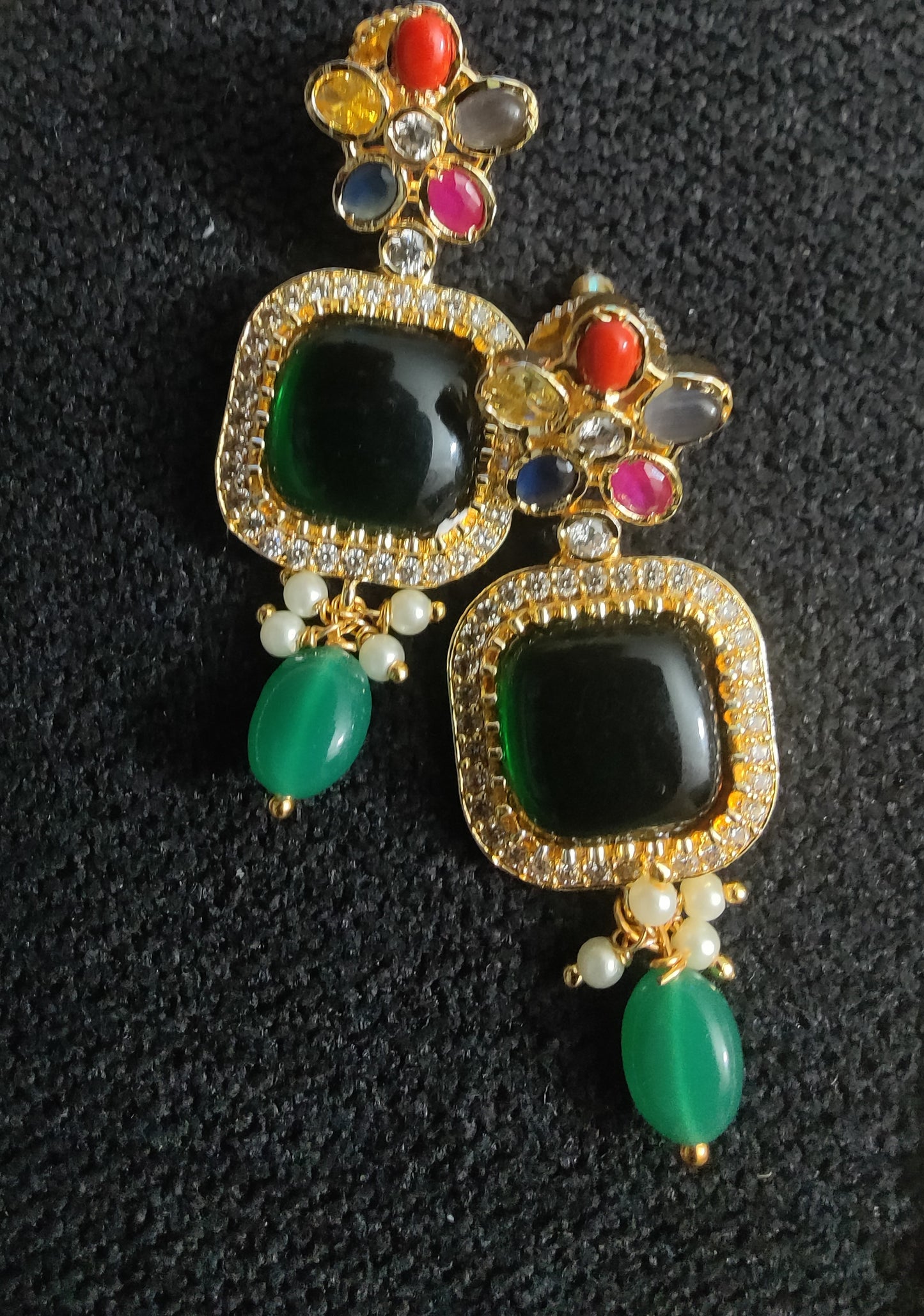 Navaratan Earrings Rice pearls mala/necklace, Luvih Couture