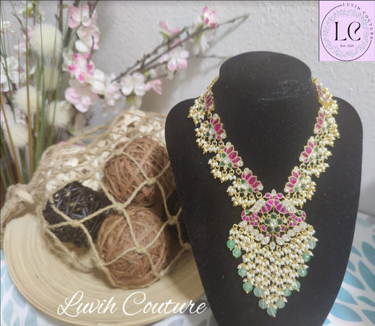 Jadau kundan Lotus and Peacock flexible necklace, Luvih Couture