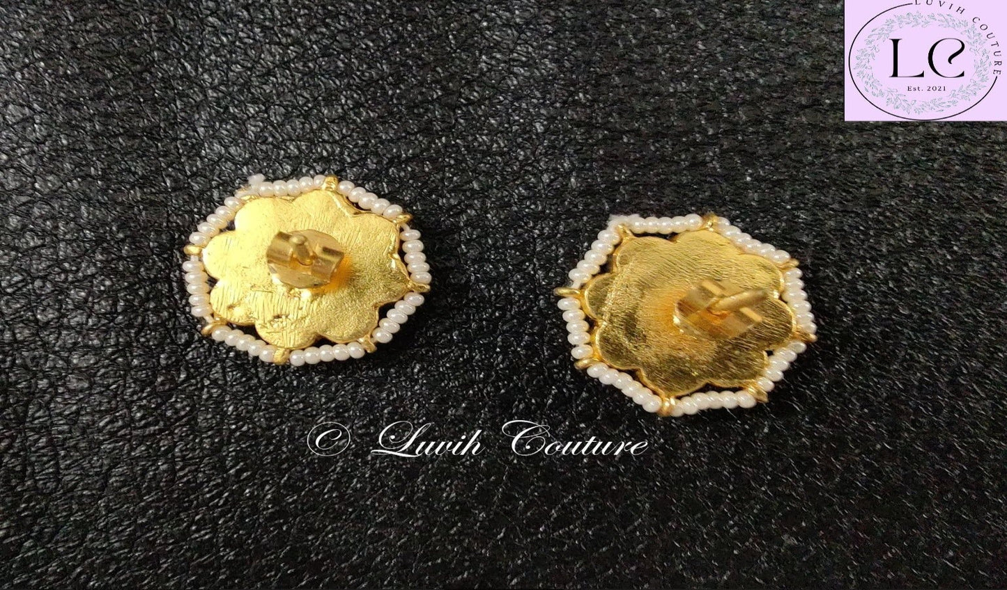 Jadau Kundan Floral Earrings , Back Side, Floral Earrings, Earrings for women, Imitation Earrings, Imitation Jewelry, Indian Earrings, Indian Jewelry, Luvih Couture