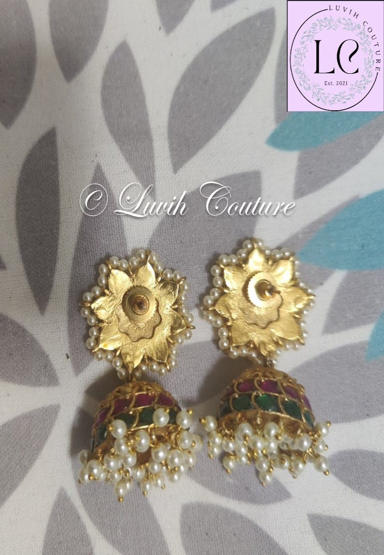 Jadau Kundan Earrings Oversized Floral and Peacock Nakshi Earrings Back Side For Girls, Teens ,Women, Luvih Couture