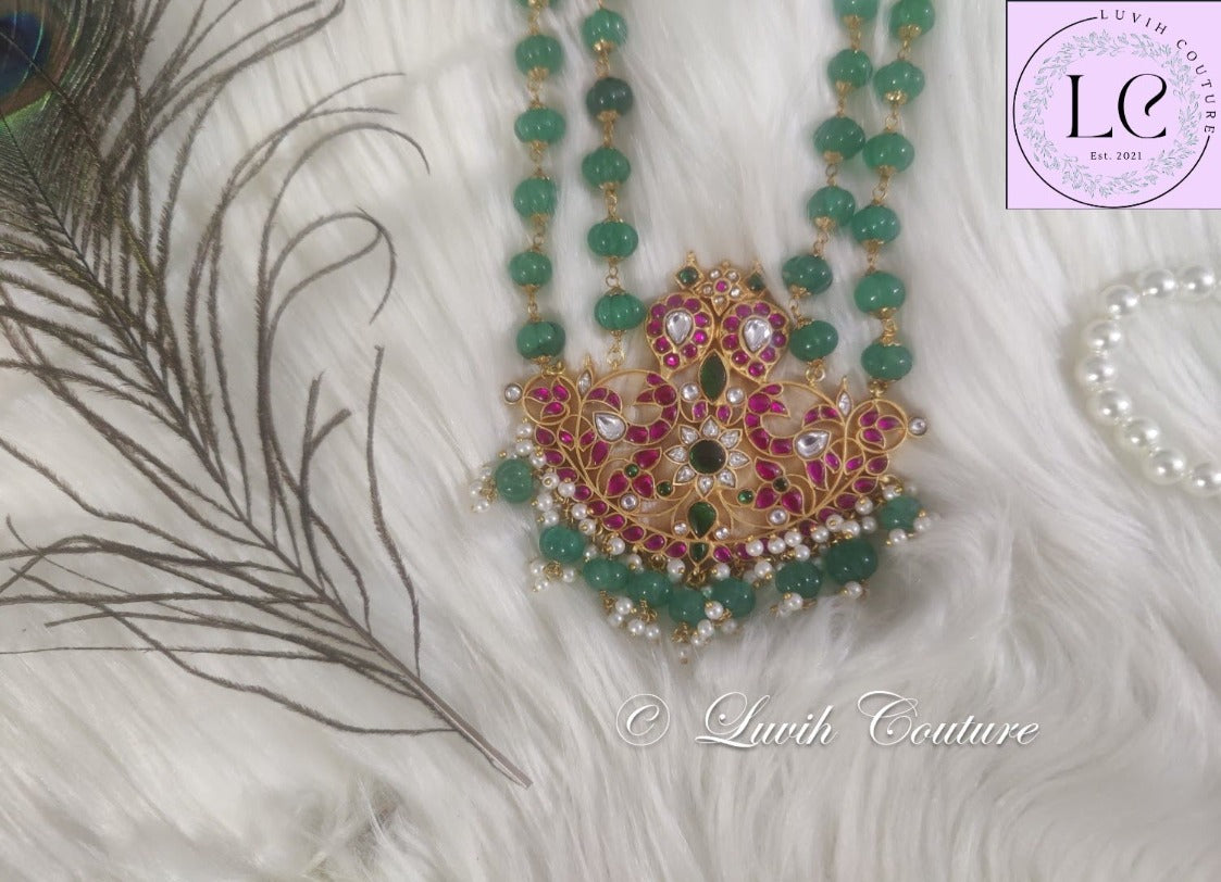 Jadau Kundan Mango Peacock Floral Mala or Haram or Necklace  Pendant Close up for girls, teens, women