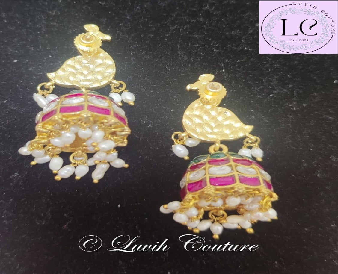 Jadau Kundan Peacock Jhumkas Back side for girls, Teens, Women