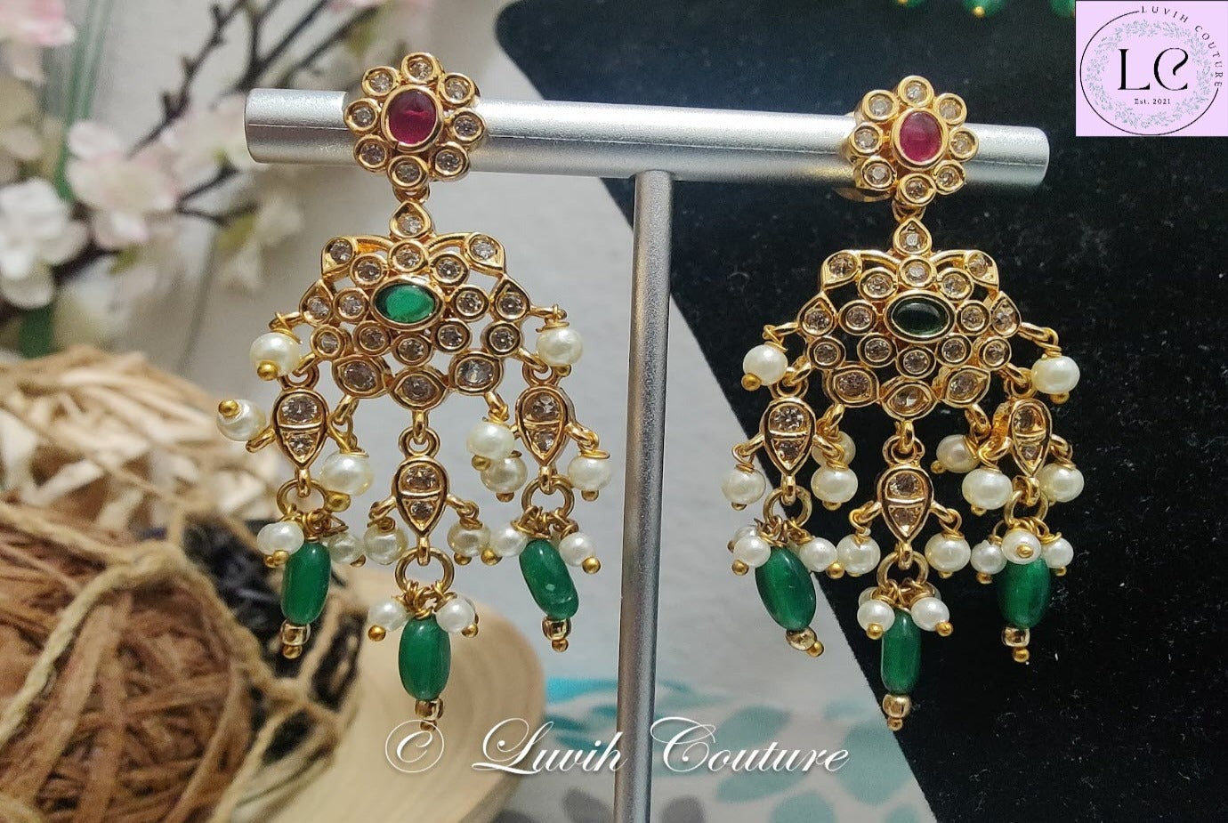 Polki Earrings with Pink and Green Stones for Women, Luvih Couture