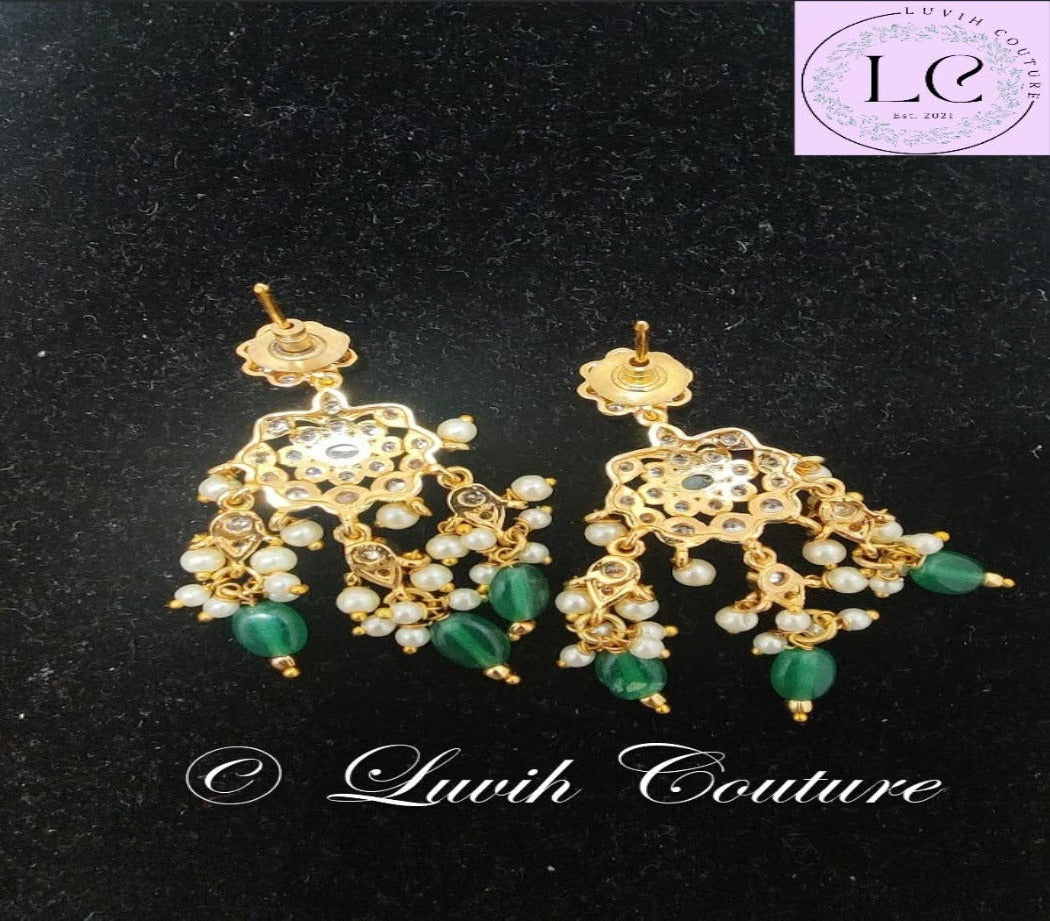 Polki Earrings Back side with Pink and Green Stones for Women, Luvih Couture