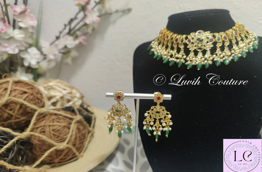 Polki Necklace Set with Pink and Green Stones for Women, Luvih Couture
