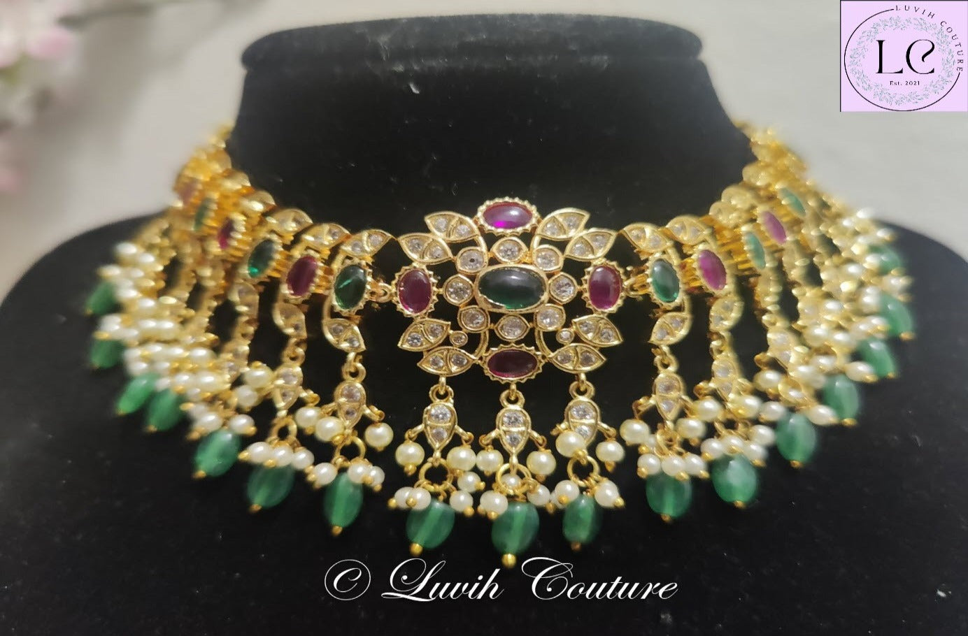 Polki Necklace with Pink and Green Stones for Women, Luvih Couture