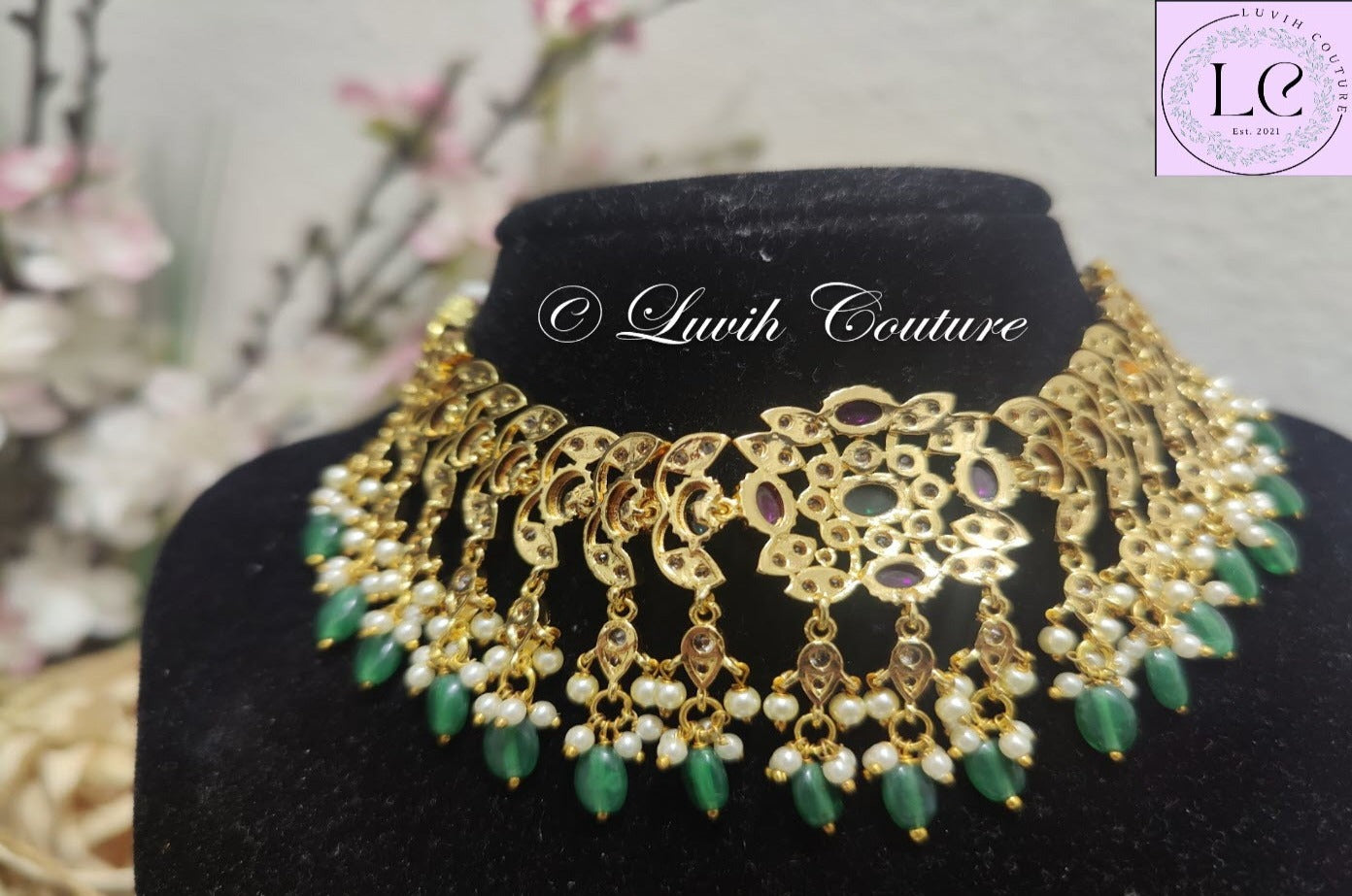 Polki Necklace  Back side with Pink and Green Stones for Women, Luvih Couture