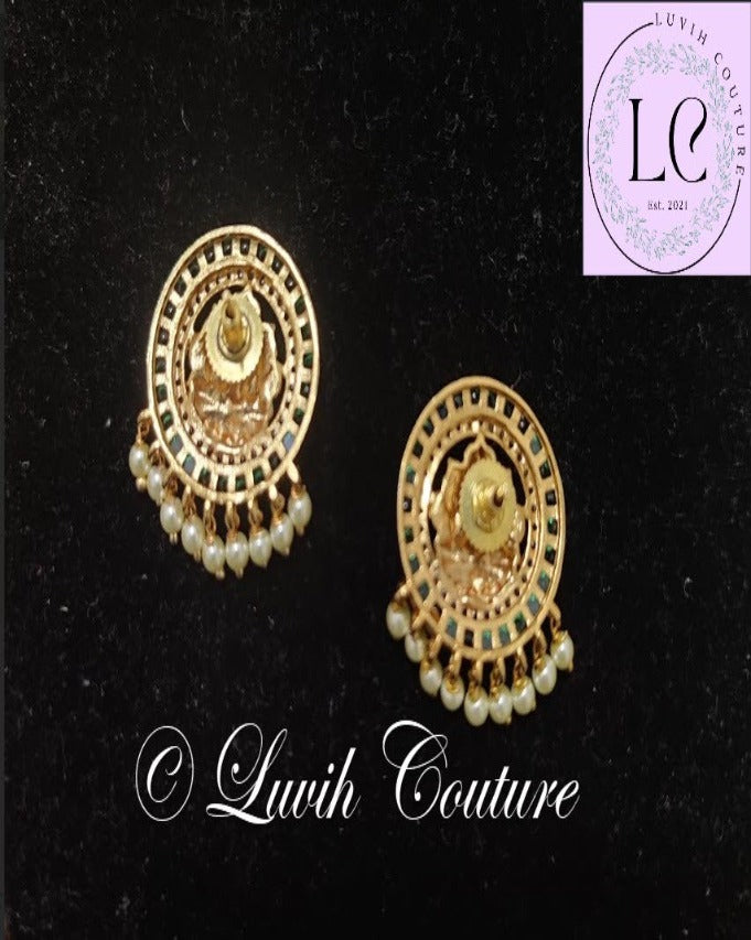 Lakshmi Earrings Green with Pearl  for girls, teens or women, Luvih Couture