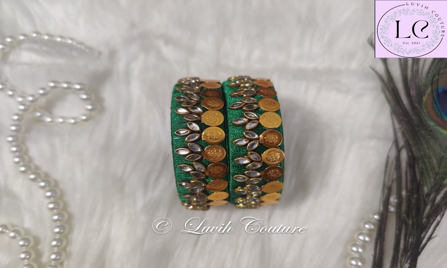 Dark Green Silk Thread Bangles Lakshmi Kasu Design For Kids and Women, Luvih Couture