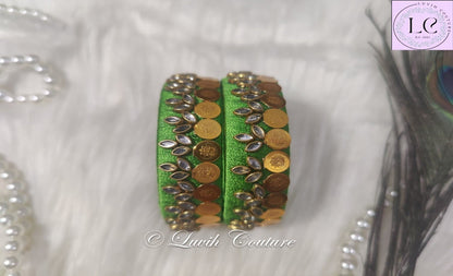 Parrot Green Silk Thread Bangles Lakshmi Kasu Design For Kids and Women, Luvih Couture