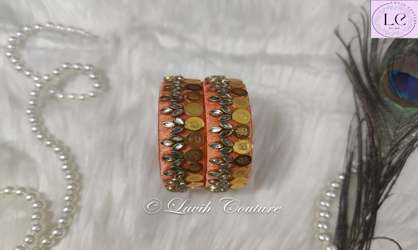 Peach Silk Thread Bangles Lakshmi Kasu Design For Kids and Women, Luvih Couture