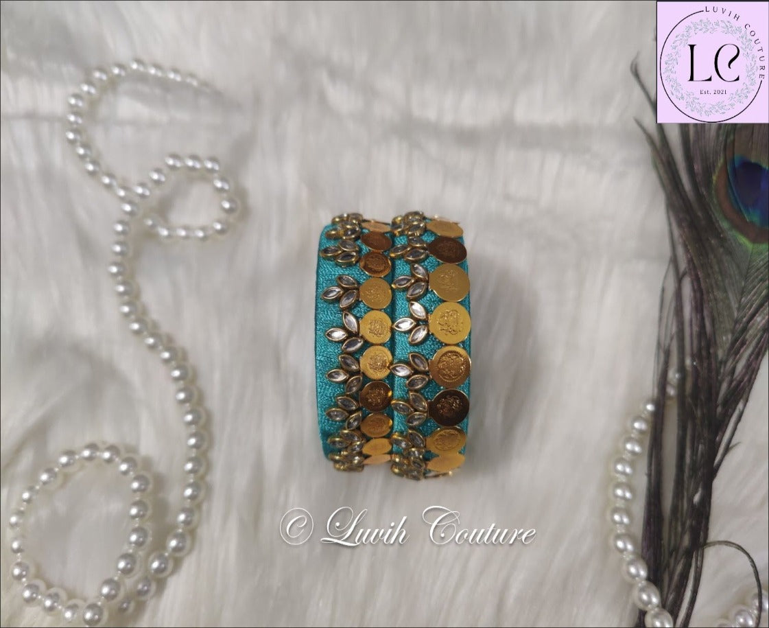 Sea Green Silk Thread Bangles Lakshmi Kasu Design For Kids and Women, Luvih Couture