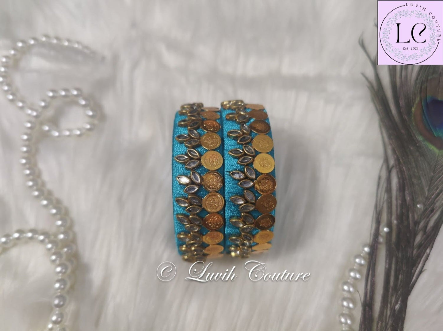Turquoise Blue Silk Thread Bangles Lakshmi Kasu Design For Kids and Women, Luvih Couture