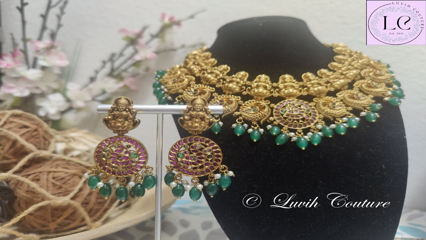 Lakshmi And Peacock Nakshi Necklace Set for Women Bridal wear, Luvih Couture