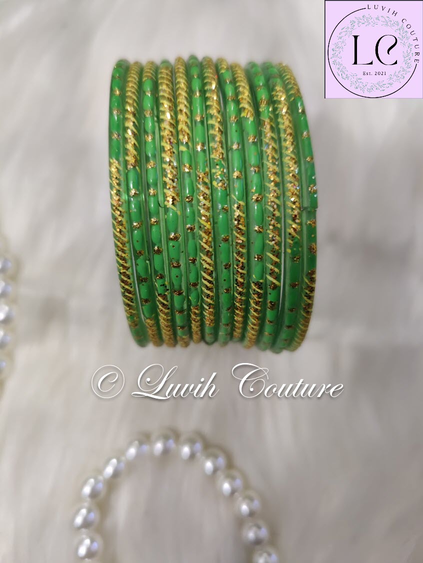 Leaf Green  Oval Dot And Criss Cross sparkle Glass Bangles for Girls, Teens, Women