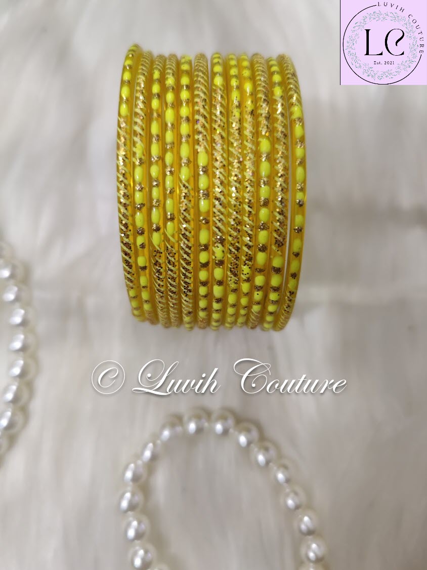 Lemon Yellow Oval Dot And Criss Cross sparkle Glass Bangles for Girls, Teens, Women