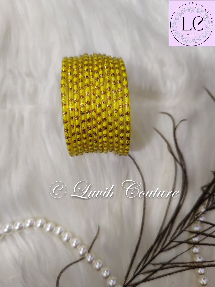 Lemon Yellow Oval Dot & Sparkle Glass Bangles for Girls , Teens, Women