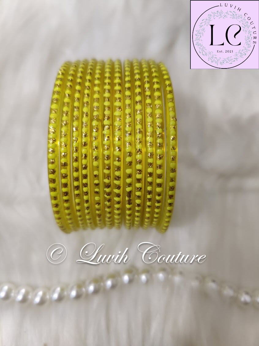 Lemon Yellow Glass Bangles Restocked Rund Dots & Sparkles for girls, Teens and Women
