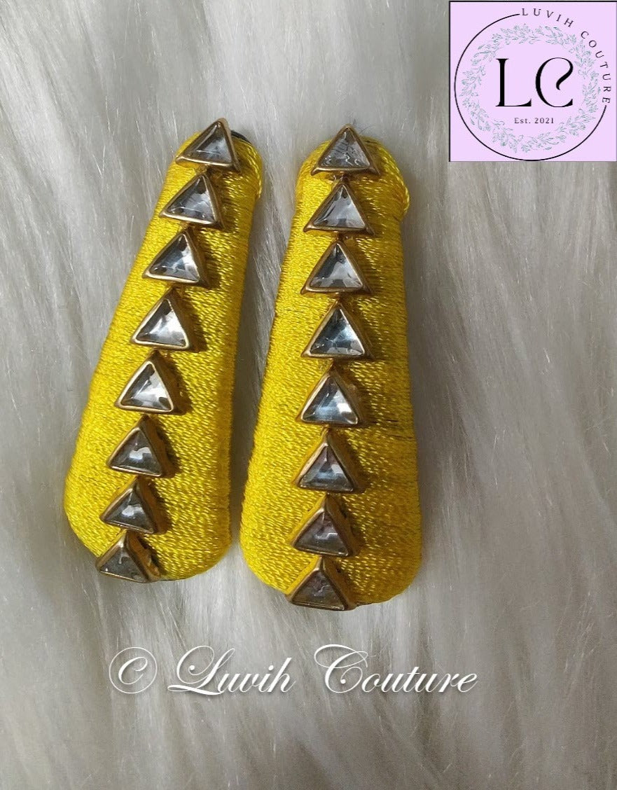 Lemon Yellow Silk Thread Hair Clips Triangle Design for  kids, Luvih Couture