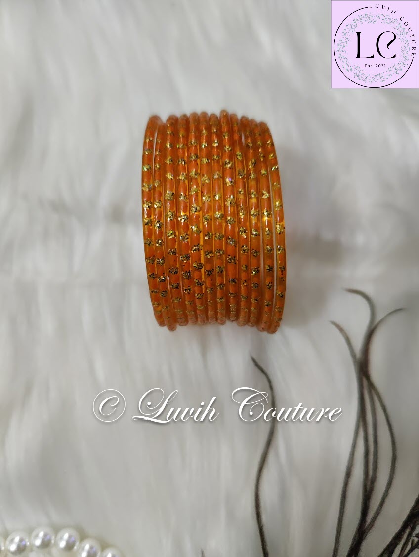 Light Orange Oval Dot & Sparkle Glass Bangles for Girls , Teens, Women