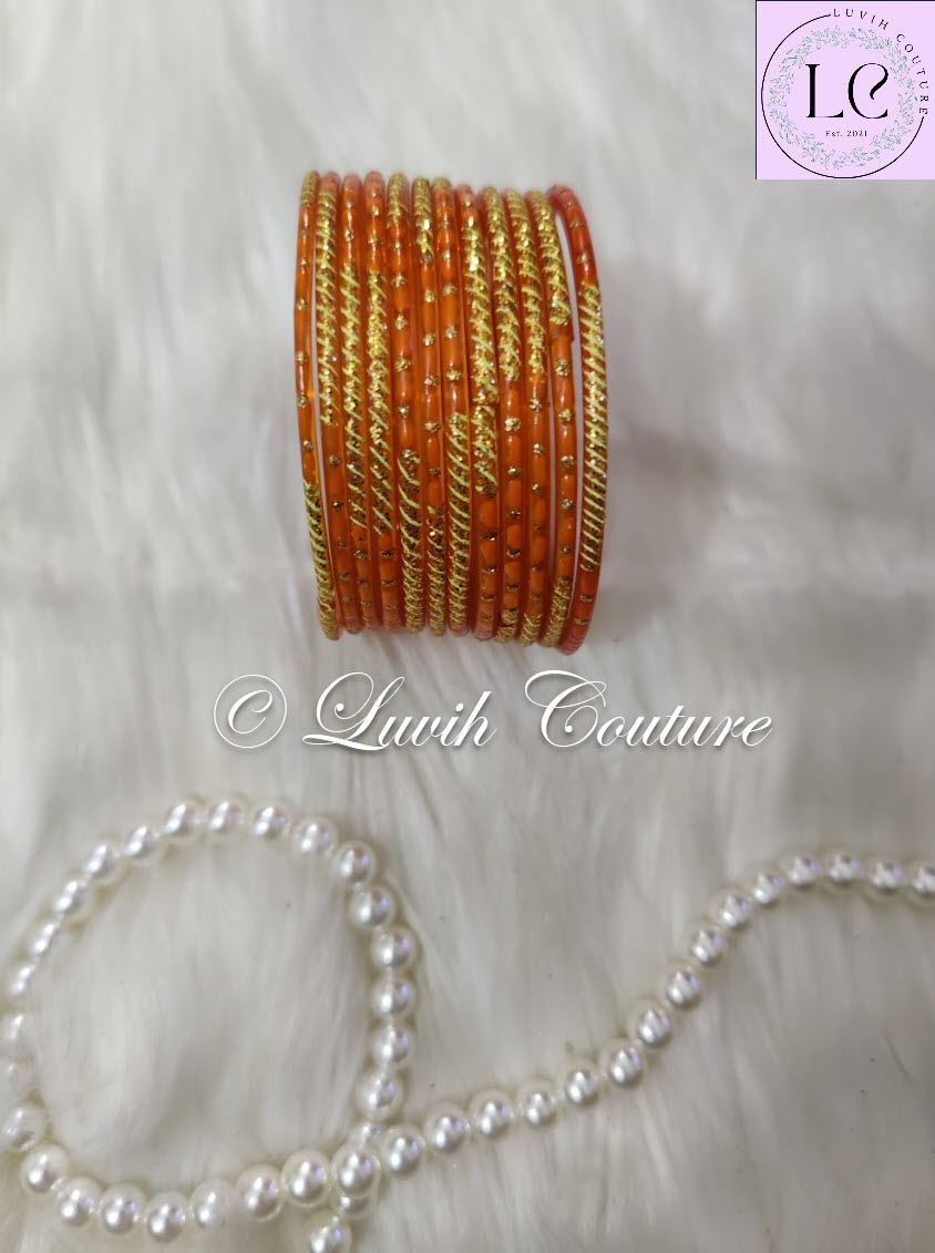 Light Orange Oval Dot And Criss Cross sparkle Glass Bangles for Girls, Teens, Women