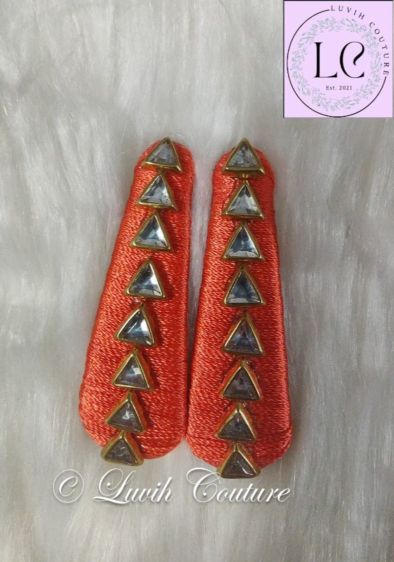 Light Orange  Silk Thread Hair Clips Triangle Design for  kids, Luvih Couture
