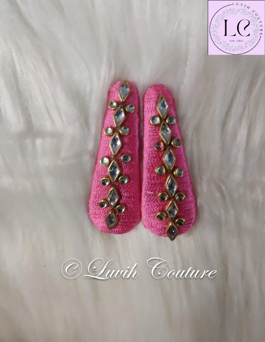 Light Pink Silk thread Hair Clips Rhombus and dot shape for kids, toddlers, girls, Luvih Couture
