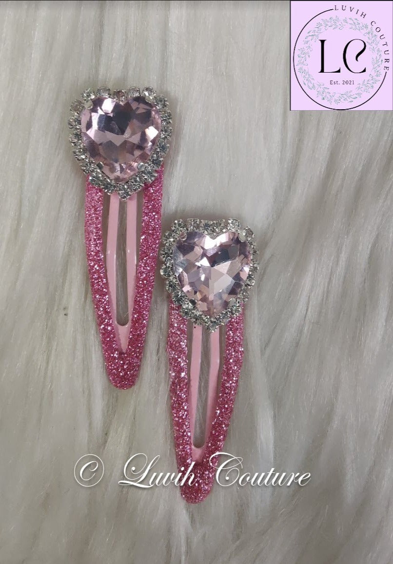Handmade Sparkle Heart Shape Hair Clips with Pink Crystals, Luvih Couture