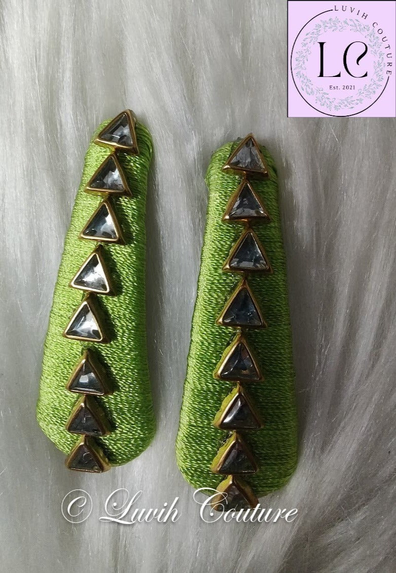 Lime Green Silk Thread Hair Clips Triangle Design for  kids, Luvih Couture
