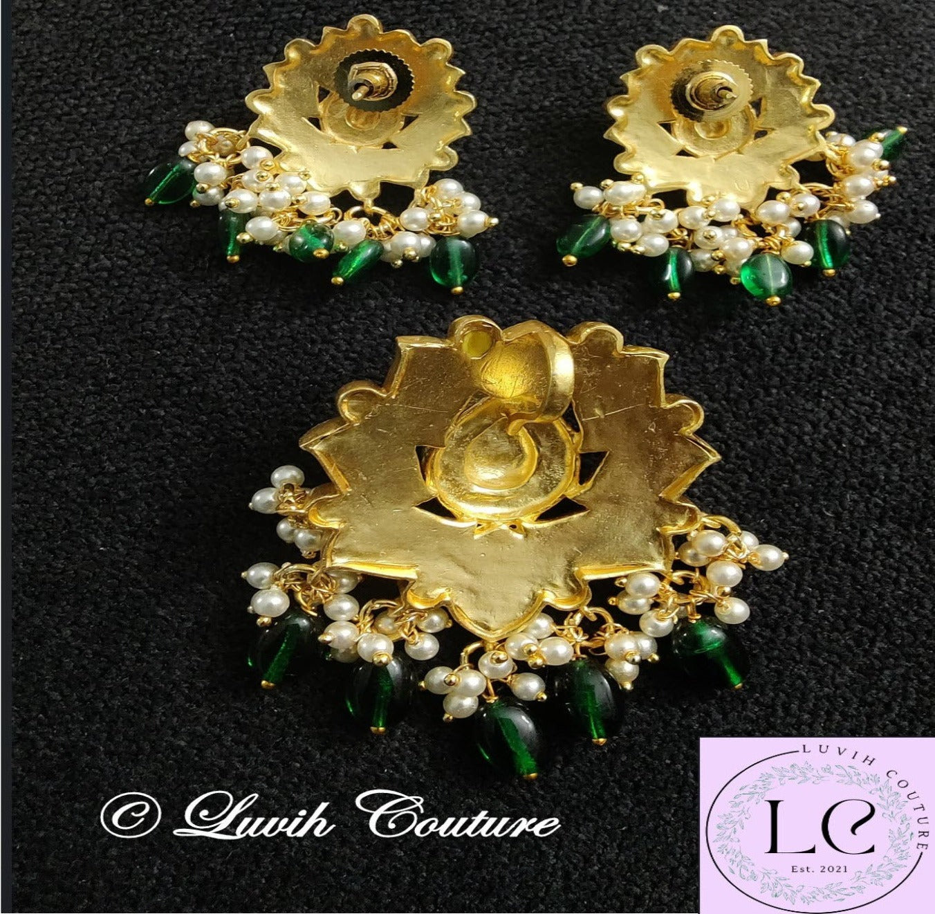 Jadau Kundan Navaratan Pendant set Back side, Luvih Couture